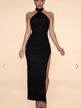 Oh Polly Positano Embellished Black Halter Neck Split Maxi Dress- Never Worn